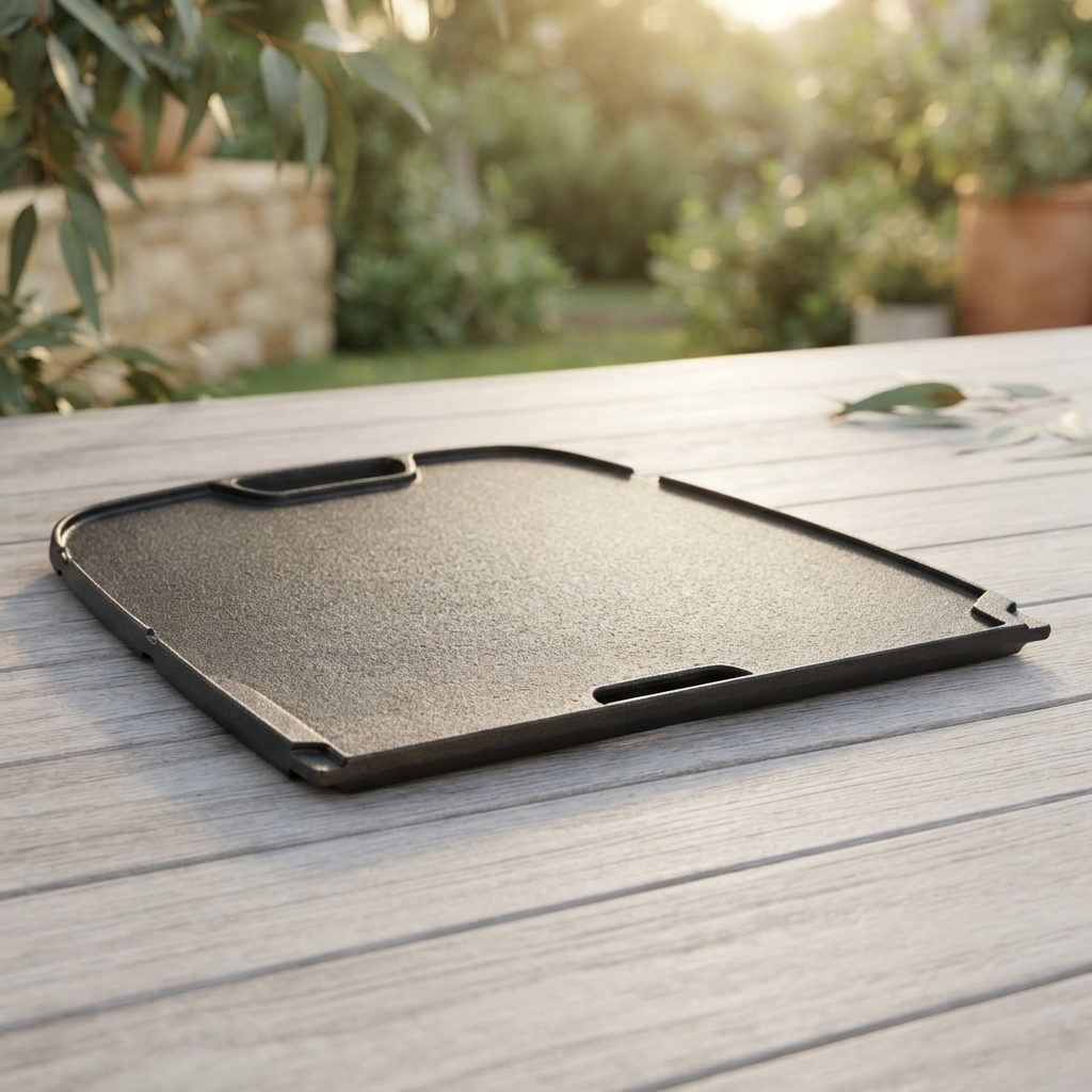 Travel Q Range Cast Iron Reversible Griddle Plate — outdoor setting