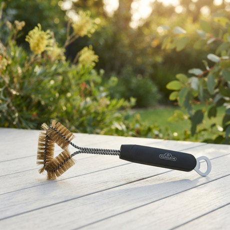 Three Sided Grill Brush with Bottle Opener — outdoor setting