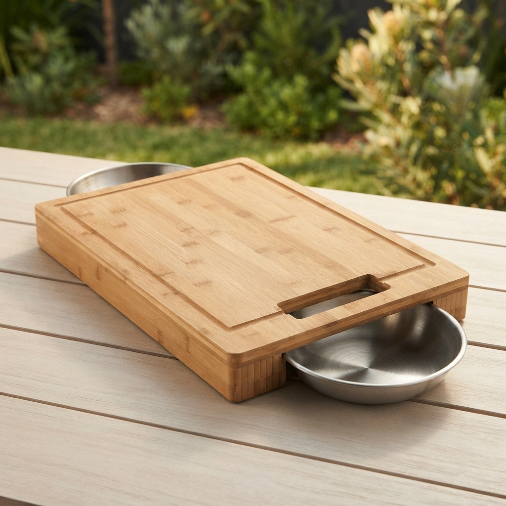 Pro Carving Cutting Board with Bowl — outdoor setting